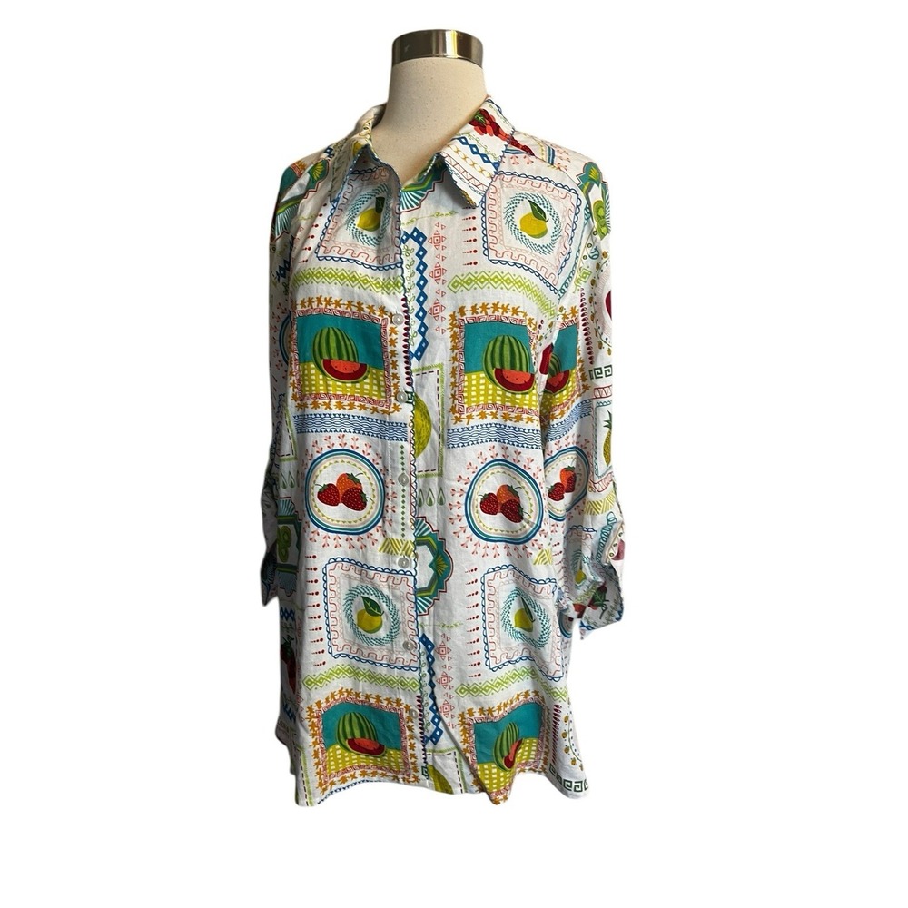 JANE + DELANCEY Fruit Print Linen Blend Shirt 2X Colorful Long Sleeve